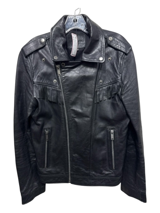 Bolongaro Size M Black Sheep Leather Lapel Fringe Zip Up Moto Jacket Black / M