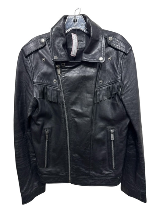 Bolongaro Size M Black Sheep Leather Lapel Fringe Zip Up Moto Jacket Black / M