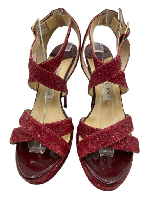 Jimmy Choo Shoe Size 36.5 Red Leather Glitter Strappy Stiletto Platform Sandals Red / 36.5