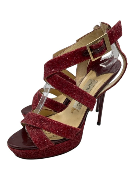 Jimmy Choo Shoe Size 36.5 Red Leather Glitter Strappy Stiletto Platform Sandals Red / 36.5