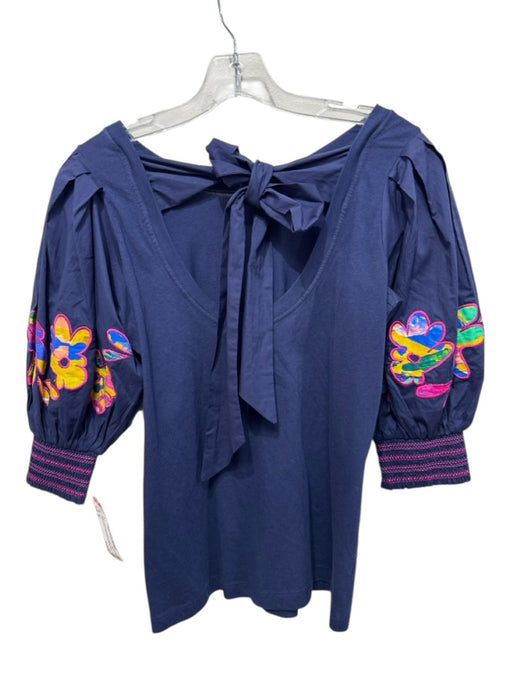 Alivia Size M navy blue & multi Cotton Embroidered Abstract Tie Back Top navy blue & multi / M