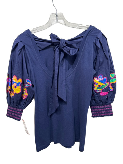 Alivia Size M navy blue & multi Cotton Embroidered Abstract Tie Back Top navy blue & multi / M
