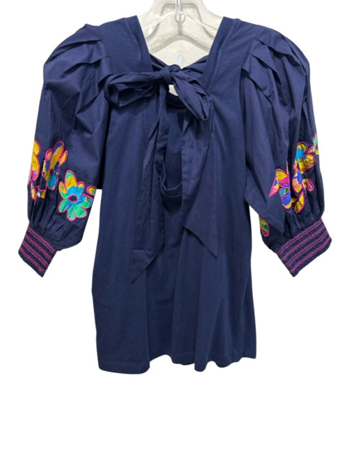 Alivia Size L navy blue & multi Cotton Embroidered Abstract Tie Back Top navy blue & multi / L