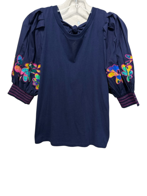Alivia Size L navy blue & multi Cotton Embroidered Abstract Tie Back Top navy blue & multi / L