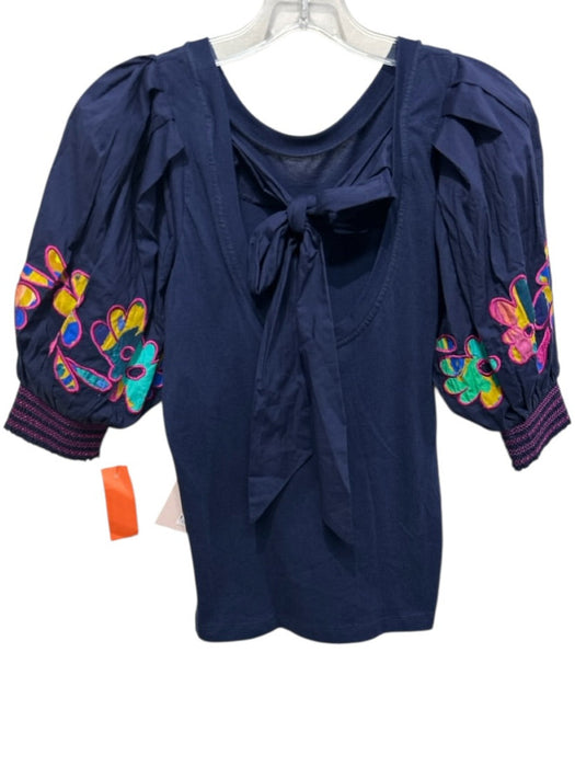 Alivia Size S navy blue & multi Cotton Embroidered Abstract Tie Back Top navy blue & multi / S