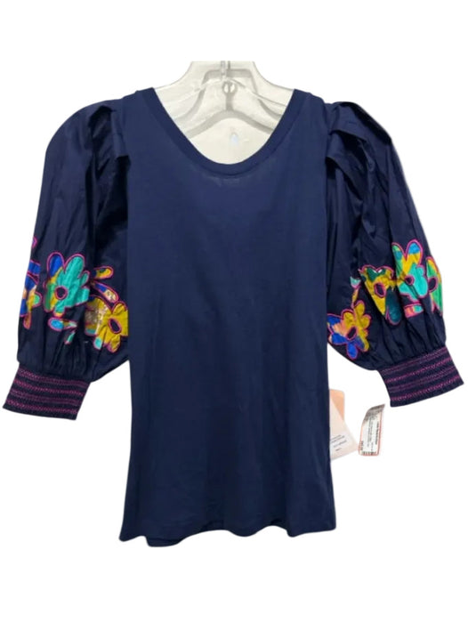 Alivia Size S navy blue & multi Cotton Embroidered Abstract Tie Back Top navy blue & multi / S