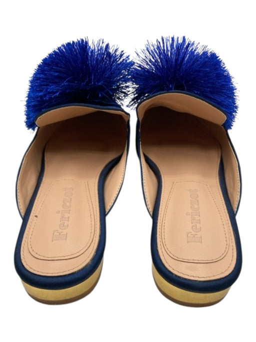 Fericzot Shoe Size 6 Navy Blue Satin Upper Leather Lining Pom Pom Mules Navy Blue / 6