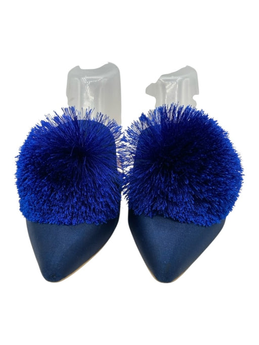 Fericzot Shoe Size 6 Navy Blue Satin Upper Leather Lining Pom Pom Mules Navy Blue / 6