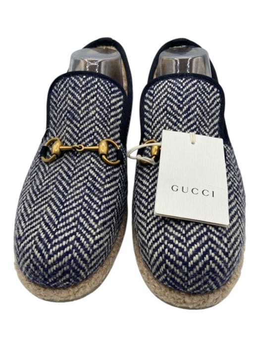 Gucci Shoe Size 8 Navy blue & Cream Wool Shearling Herringbone Horsebit Loafers Navy blue & Cream / 8