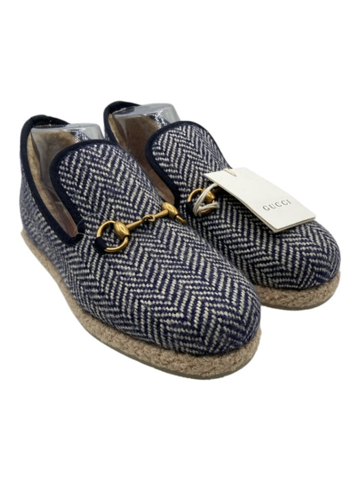 Gucci Shoe Size 8 Navy blue & Cream Wool Shearling Herringbone Horsebit Loafers Navy blue & Cream / 8