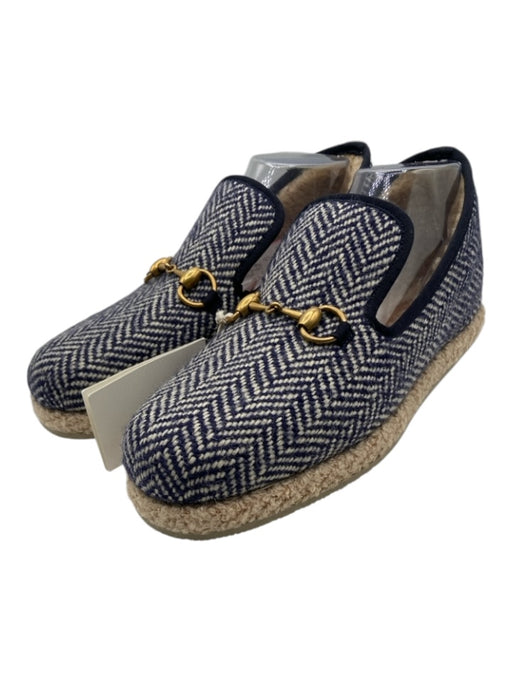 Gucci Shoe Size 8 Navy blue & Cream Wool Shearling Herringbone Horsebit Loafers Navy blue & Cream / 8