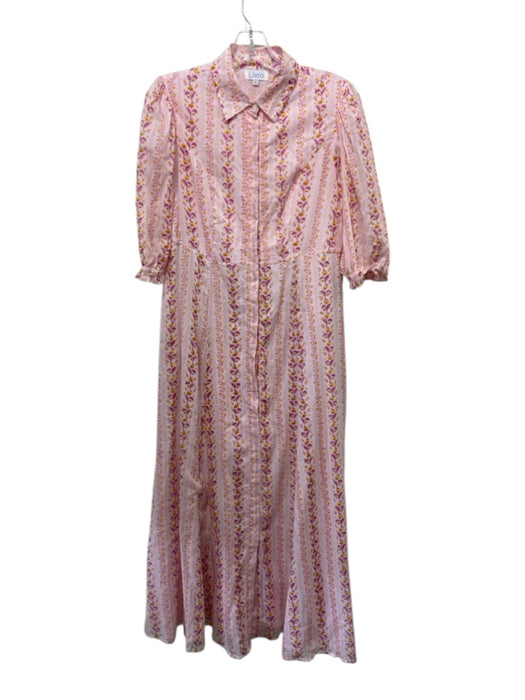 Livro Size S Pink & Yellow Cotton Floral Stripe 1/2 Balloon Sleeve Dress Pink & Yellow / S