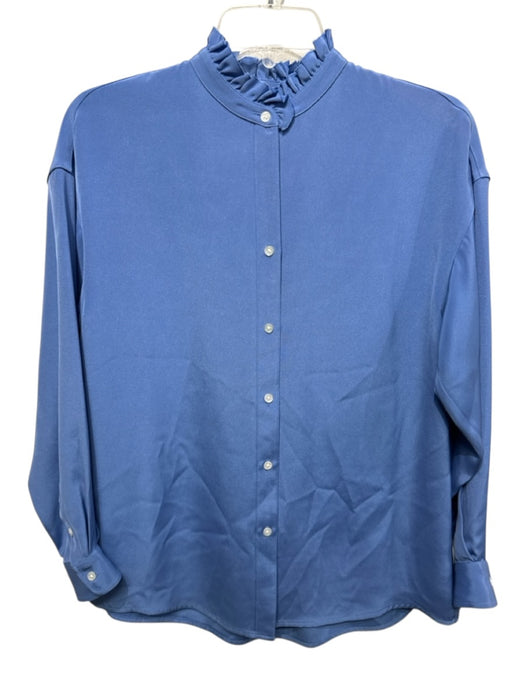Ann Mashburn Size XS Blue Silk Long Sleeve Ruffle Collar Button Up Shirt Top Blue / XS