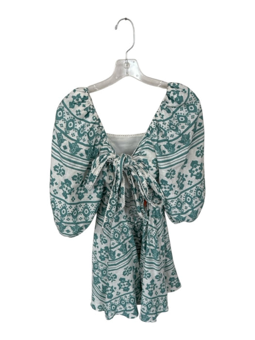 Kivari Size 4 Teal & White Cotton Mini Square Neck Abstract Back Tie Dress Teal & White / 4