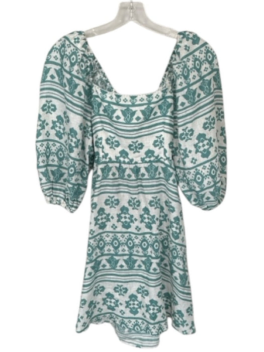 Kivari Size 4 Teal & White Cotton Mini Square Neck Abstract Back Tie Dress Teal & White / 4