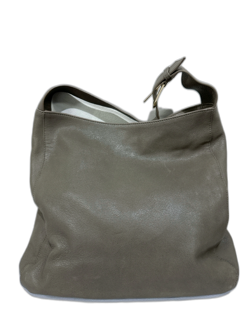 Tory Burch Taupe Gray Leather gold logo Zip Pocket Shoulder Strap Hobo Bag Taupe Gray / Large