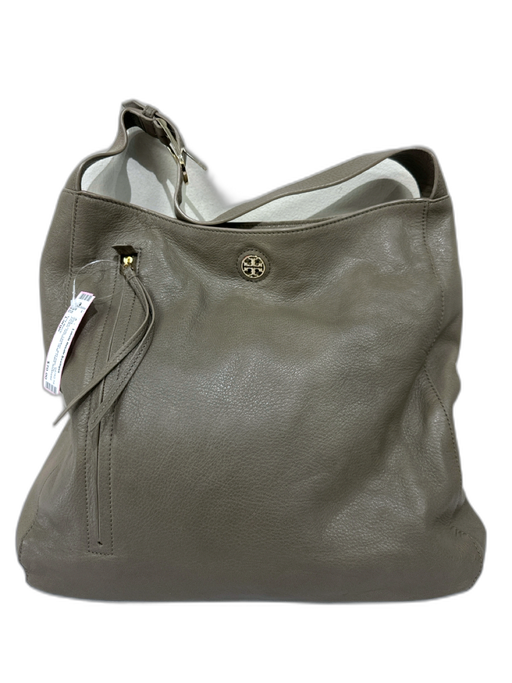 Tory Burch Taupe Gray Leather gold logo Zip Pocket Shoulder Strap Hobo Bag Taupe Gray / Large