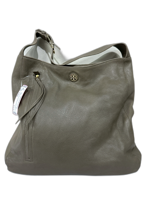 Tory Burch Taupe Gray Leather gold logo Zip Pocket Shoulder Strap Hobo Bag Taupe Gray / Large