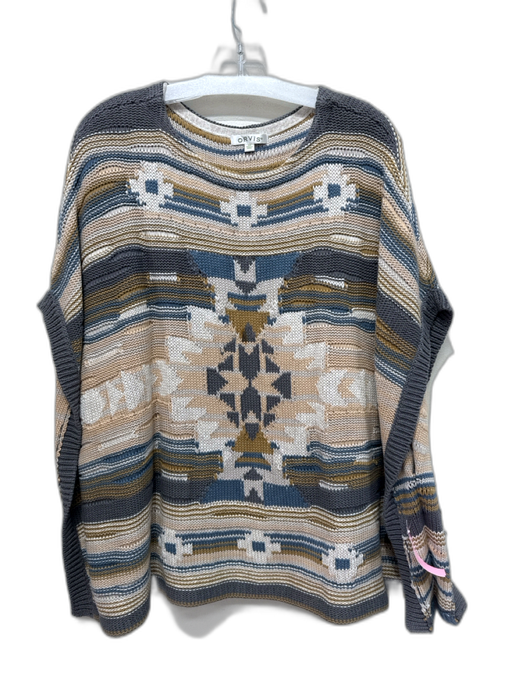 Orvis Size One Size Taupe, Blue & Multi Cotton Knit Abstract Wide Neck Sweater Taupe, Blue & Multi / One Size