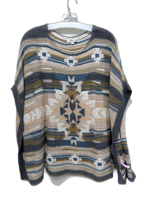 Orvis Size One Size Taupe, Blue & Multi Cotton Knit Abstract Wide Neck Sweater Taupe, Blue & Multi / One Size