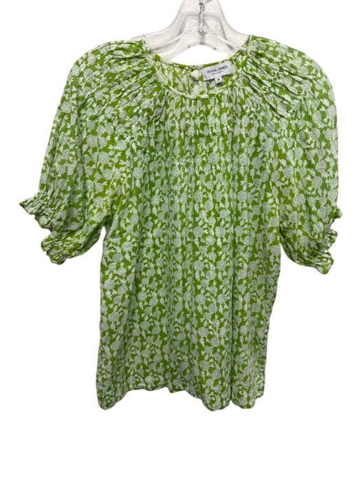 Olivia James the Label Size M Green & White Cotton Short Puff Sleeve Floral Top Green & White / M