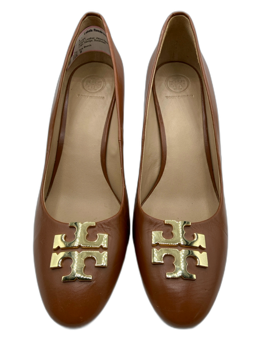 Tory Burch Shoe Size 9 Brown Leather Wood Base Round Toe Logo Wedge Pumps Brown / 9