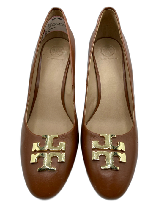 Tory Burch Shoe Size 9 Brown Leather Wood Base Round Toe Logo Wedge Pumps Brown / 9