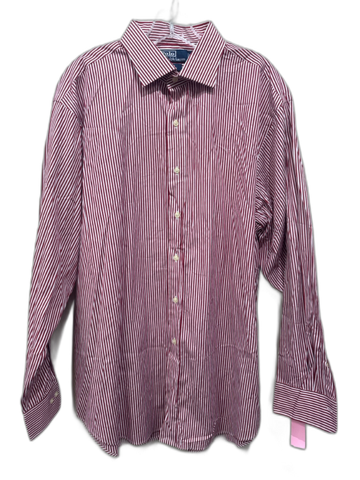 Polo Size 17.5 Red & White Cotton Striped Button up Men's Long Sleeve Shirt Red & White / 17.5