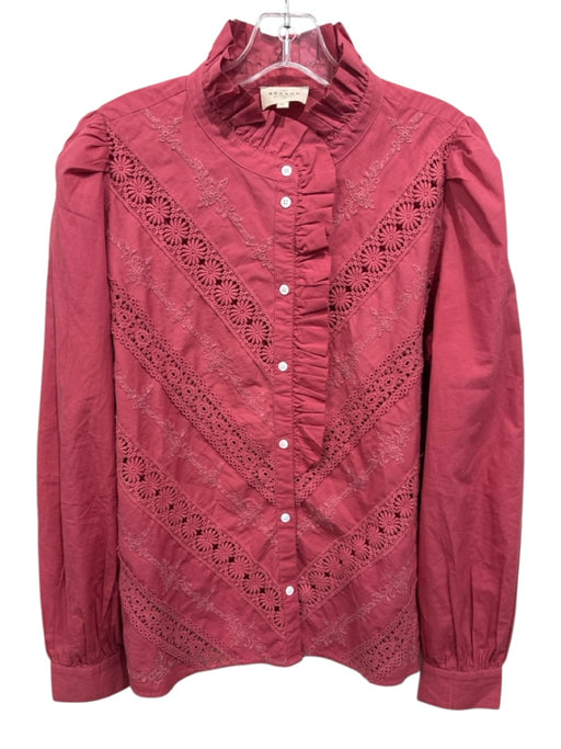 Sezane Size 42 / M Red Pink Cotton Embroidered Button Down Lace Trim Top Red Pink / 42 / M