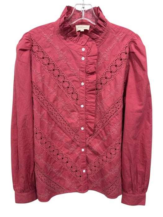 Sezane Size 42 / M Red Pink Cotton Embroidered Button Down Lace Trim Top Red Pink / 42 / M
