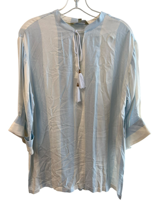 Lauren James Size XS/S Cream & Blue Viscose Tie V Neck 1/2 Sleeve Tassel Top Cream & Blue / XS/S