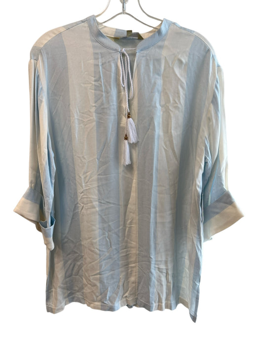 Lauren James Size XS/S Cream & Blue Viscose Tie V Neck 1/2 Sleeve Tassel Top Cream & Blue / XS/S