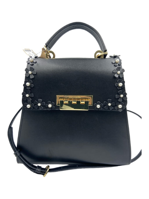 Zac Posen Black Leather Gold hardware Shoulder & Handbag Floral Application Bag Black / S