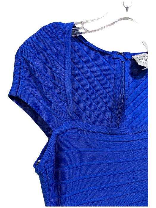 Herve Leger Size S Cobalt Blue Rayon Blend Square Neck Short Sleeve Ribbed Dress Cobalt Blue / S