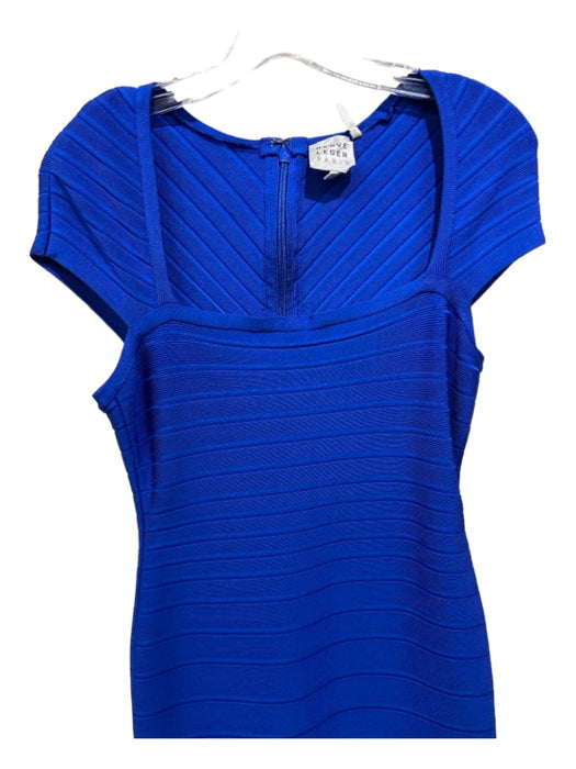 Herve Leger Size S Cobalt Blue Rayon Blend Square Neck Short Sleeve Ribbed Dress Cobalt Blue / S