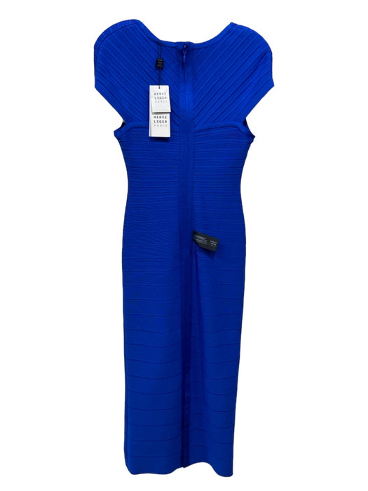 Herve Leger Size S Cobalt Blue Rayon Blend Square Neck Short Sleeve Ribbed Dress Cobalt Blue / S