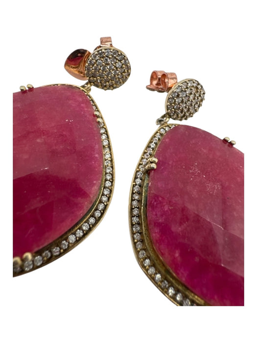 Pink & Gold Natural Ruby Oval Beveled Cubic Zirconia Drop Earrings Pink & Gold