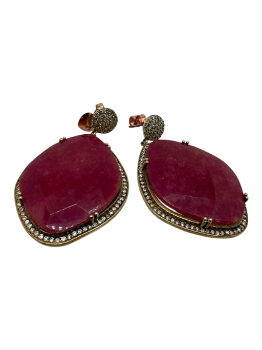 Pink & Gold Natural Ruby Oval Beveled Cubic Zirconia Drop Earrings Pink & Gold