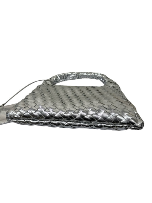 Walter Baker Silver Leather Top Handle Woven Magnetic Close Pouch Inc. Bag Silver / Medium
