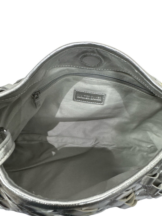 Walter Baker Silver Leather Top Handle Woven Magnetic Close Pouch Inc. Bag Silver / Medium