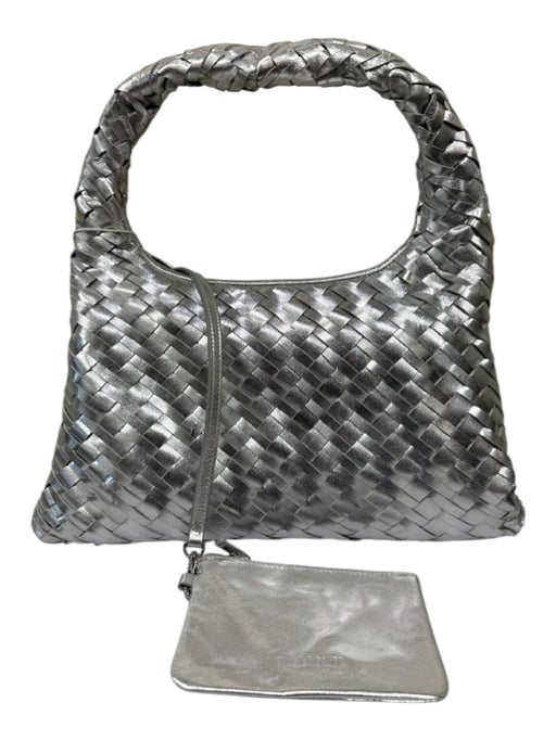 Walter Baker Silver Leather Top Handle Woven Magnetic Close Pouch Inc. Bag Silver / Medium