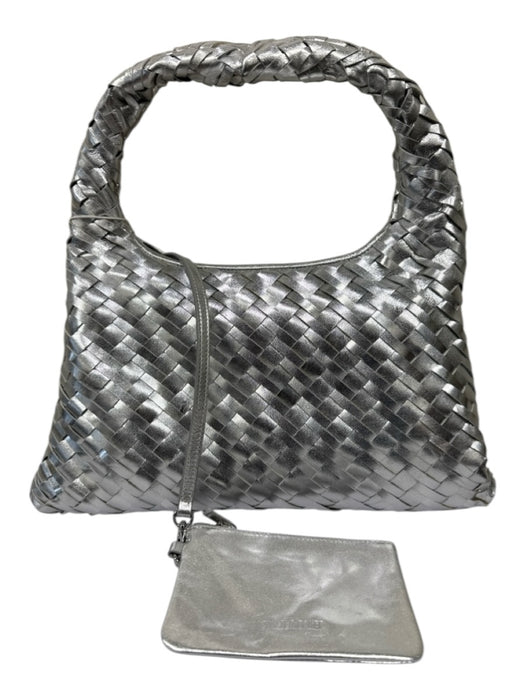 Walter Baker Silver Leather Top Handle Woven Magnetic Close Pouch Inc. Bag Silver / Medium