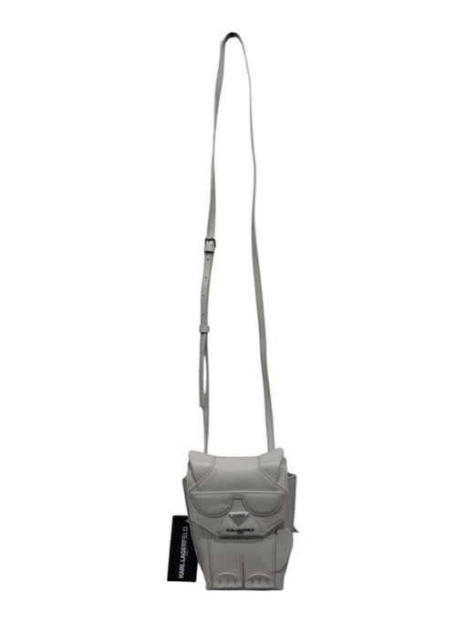 Karl Lagerfeld Taupe Gray Leather Flap Cat silver hardware Crossbody Strap Bag Taupe Gray / Mini