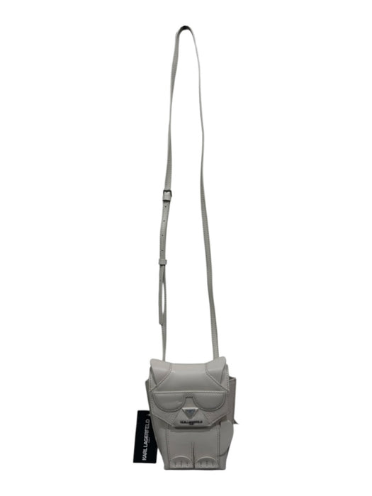 Karl Lagerfeld Taupe Gray Leather Flap Cat silver hardware Crossbody Strap Bag Taupe Gray / Mini
