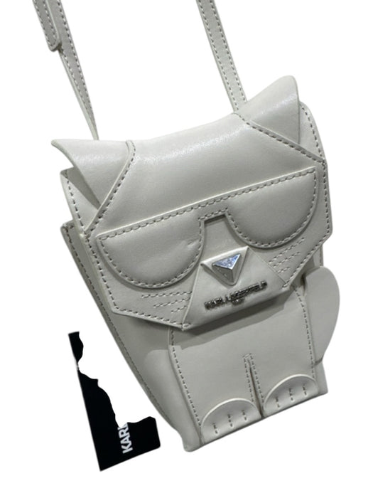 Karl Lagerfeld Taupe Gray Leather Flap Cat silver hardware Crossbody Strap Bag Taupe Gray / Mini
