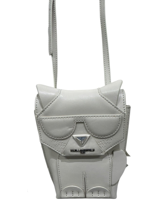 Karl Lagerfeld Taupe Gray Leather Flap Cat silver hardware Crossbody Strap Bag Taupe Gray / Mini
