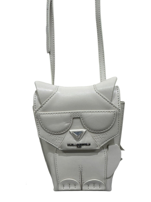Karl Lagerfeld Taupe Gray Leather Flap Cat silver hardware Crossbody Strap Bag Taupe Gray / Mini