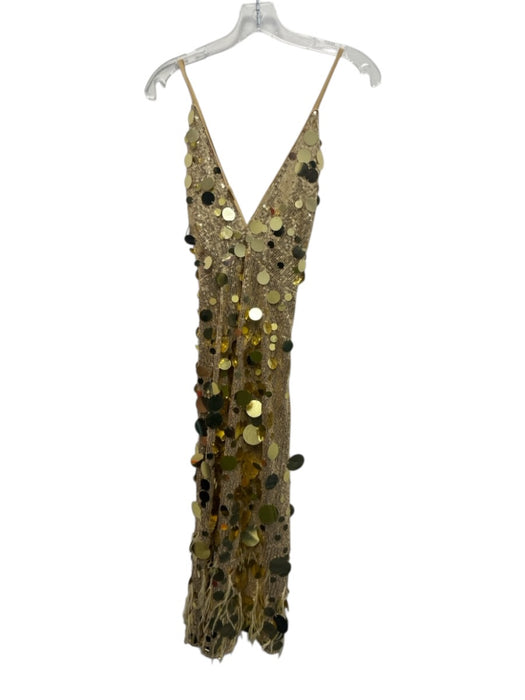 Walter Baker Size 4 Gold Polyester disc sequins Feather Trim Midi Dress Gold / 4