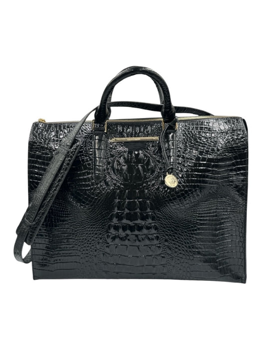 Brahmin Black Leather Croc Embossed Zip Tote Bag Black / L