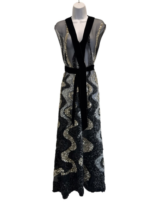 Marc Jacobs Size 2 Black & Silver Silk Sheer Sequin Design V Neck Dress Black & Silver / 2